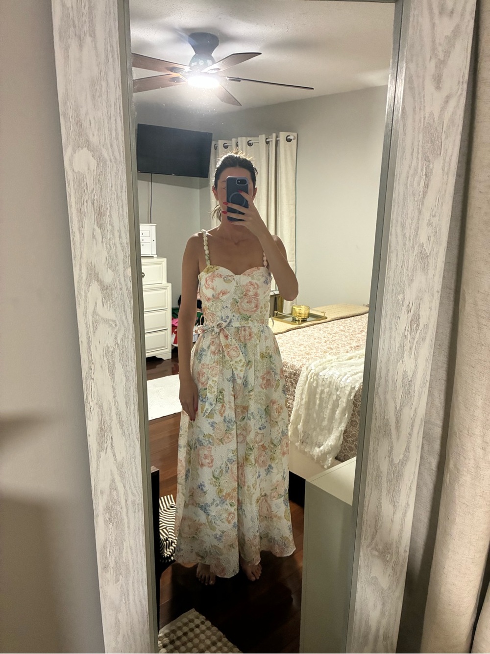 Floral Lace-Trim Maxi Dress in Cream and Pastel